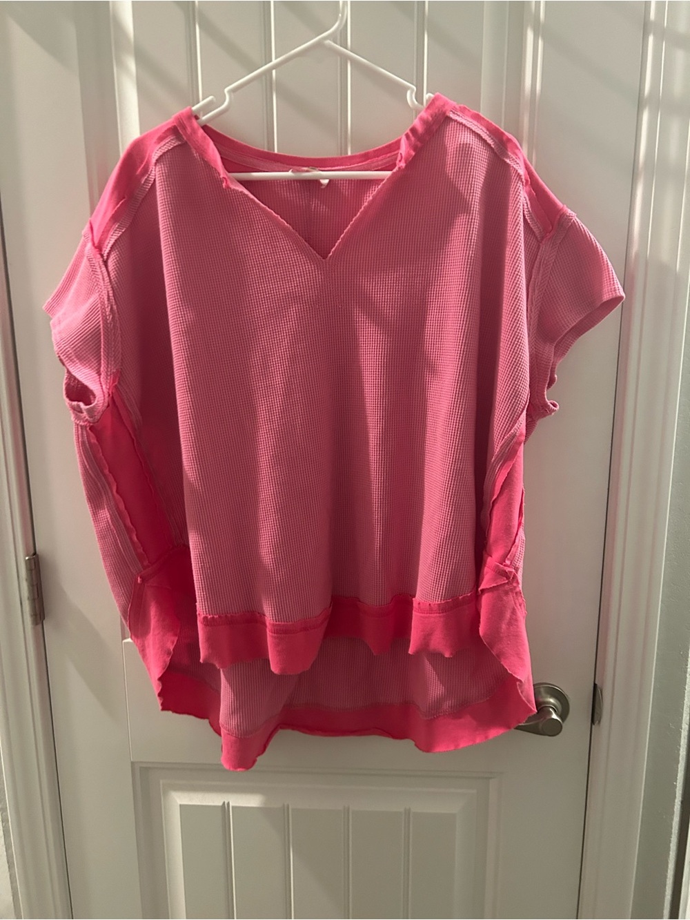 Pink Lily Bright Pink Waffle V-Neck Short Sleeve Tunic